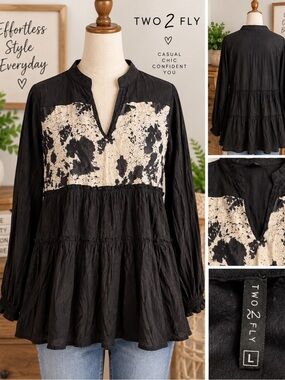 TWO 2 FLY Black Boho Tiered Tunic Top Size L